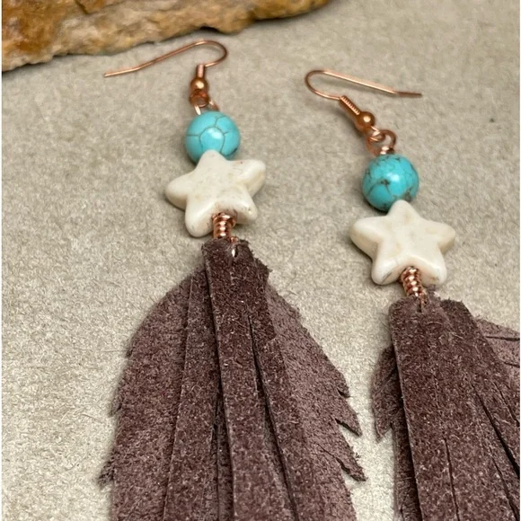 Howlite Gemstone And Turquoise Genuine Brown Leather Fringe Earrings - Picture 10 of 15